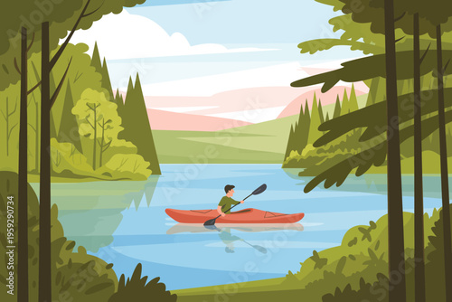 Man paddling a red kayak on a calm lake surrounded by lush green forest scenery on a sunny day