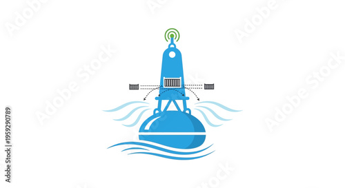 A blue navigation buoy floating on water.