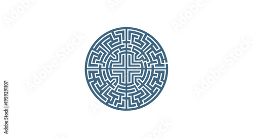 A blue circular maze design on white.