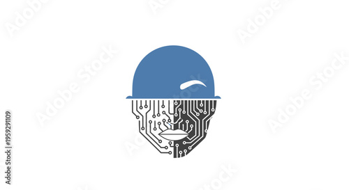 A stylized illustration of a robotic head with a blue hard hat.