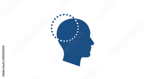 A blue silhouette of a human head with a dotted line around the brain.