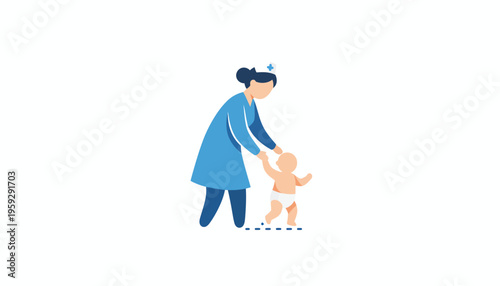 Pediatrician helps baby take first steps, symbolizing healthcare, growth, and development