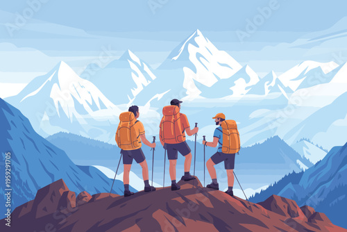 Three hikers with backpacks and trekking poles reach a mountain summit overlooking snowy peaks and vast valleys