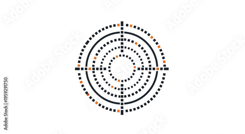 a circular graphic with dotted lines and orange and blue accents.