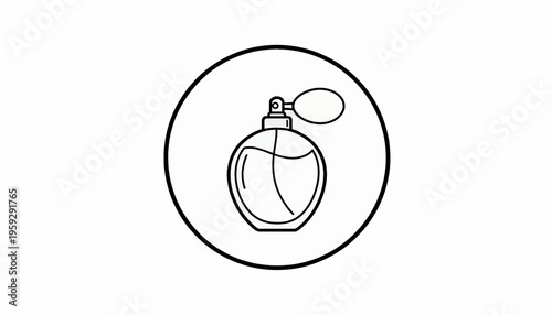 Perfume Bottle Icon: Elegant Glass Atomizer with Spray Nozzle, Simple Line Art