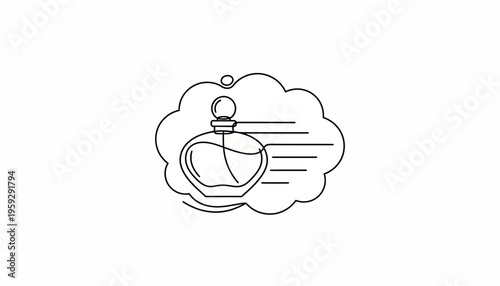 Perfume bottle icon with scent cloud, minimalist line art for beauty and fragrance promotion