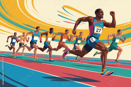 Athletes racing intensely on a track during a competitive sprint event with colorful abstract background