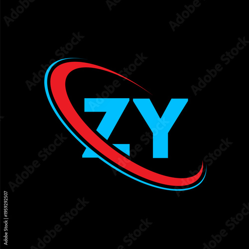 ZY letter logo design on black background, creative ZY letter logo template, red and blue swoosh circle letter logo