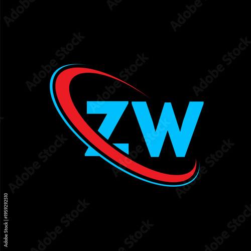 ZW letter logo design on black background, creative ZW letter logo template, red and blue swoosh circle letter logo