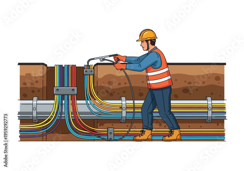 Electrician working on underground utility lines with colorful cables and conduits