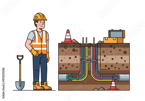 Construction worker overseeing underground utility lines installation and maintenance project