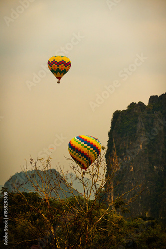Colorful hot air balloon over Vang Vieng