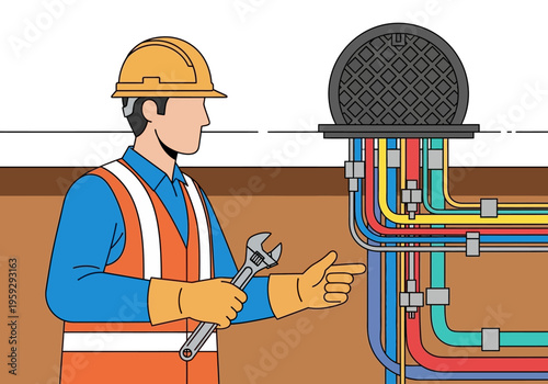 Utility worker inspecting underground pipe network with wrench