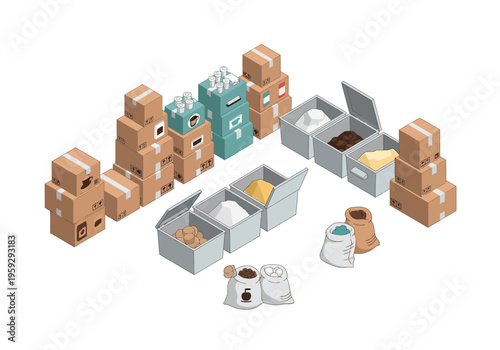 Packaging and bulk ingredient storage with boxes, containers, and sacks
