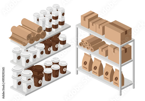 Cardboard boxes and rolls of brown paper on shelves beside stacks of disposable coffee cups and bags of coffee beans