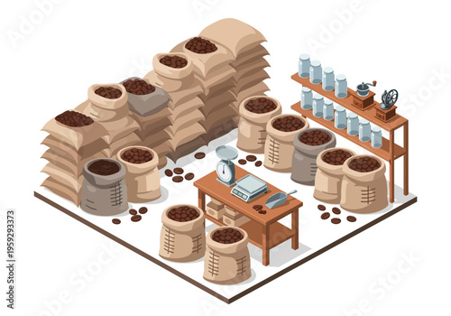 Isometric view of a coffee bean storage and processing facility with sacks and equipment
