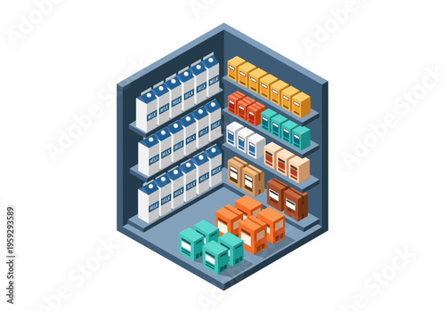 Isometric view of packaged goods neatly arranged on shelves in a storage room or supermarket aisle