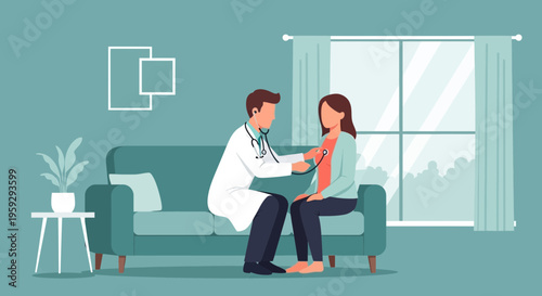 Doctor examining patient with stethoscope at home, medical check-up, healthcare concept