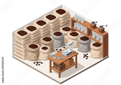 Storage facility for roasted coffee beans with weighing scale and grinding machines