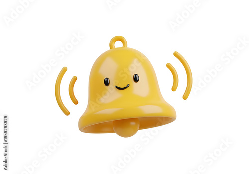 Smiling Yellow 3D Bell Notification Icon on white background , Isolated on Transparent Background, PNG, Generative AI 
