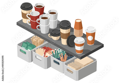 Organized coffee shop supplies on shelves, including cups, lids, stirrers, and napkins