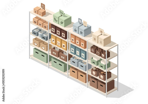 Retail shelving unit filled with various packaged goods and boxes, isometric view