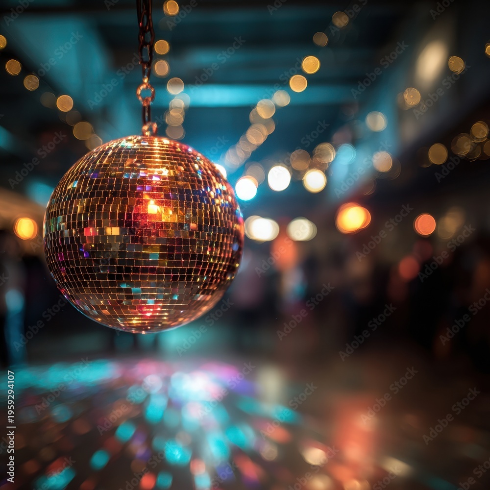 Obraz premium Shimmering disco ball over a moody dance floor with colorful reflections