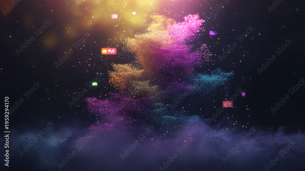 Naklejka premium Colorful particle cloud digital abstract glowing light virtual reality futuristic interface floating elements vibrant technology fantasy creative energy