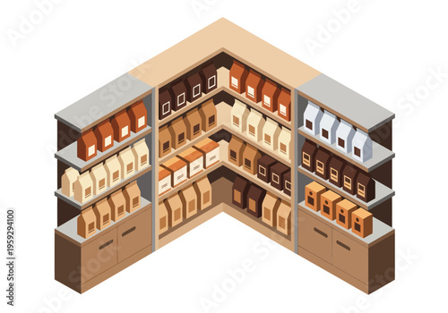 Corner retail display showcasing various packaged coffee bean bags in an isometric view