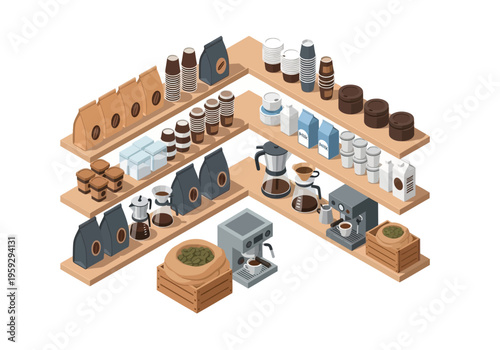 Isometric display of coffee beans, brewing equipment, and packaged goods on shelves
