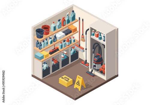 Cleanliness and organization in a home storage room with cleaning supplies and equipment