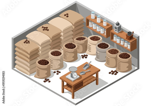 Isometric illustration of a coffee bean storage facility with sacks, scales, and processing equipment