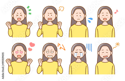 若い女性の喜怒哀楽イラスト8点セット｜表情・コミカル
