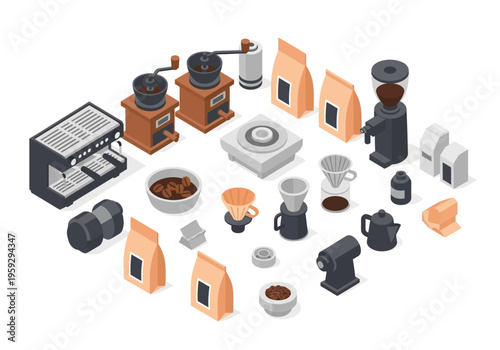 Various coffee making equipment and ingredients arranged in a neat isometric layout