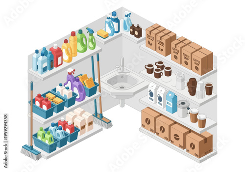 Organized Storage Room with Cleaning Supplies and Packaged Goods