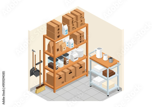 Industrial storage shelves with boxes and cleaning supplies on a trolley
