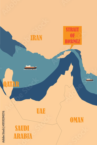 Minimalist vector illustration depicting Strait of Hormuz, showing narrow waterway between Iran and Oman with shipping routes, geographic clarity details
