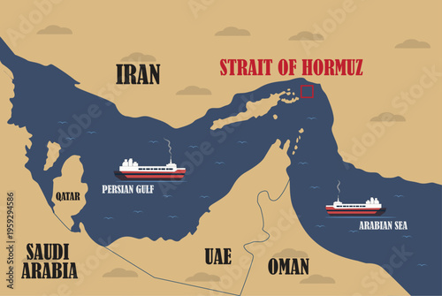 Minimalist vector illustration depicting Strait of Hormuz, showing narrow waterway between Iran and Oman with shipping routes, geographic clarity details
