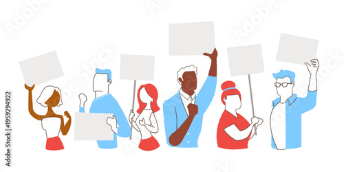 Diverse People Group Holding Blank Protest Signs and Placards, Flat Vector Illustration of Activists on White Background