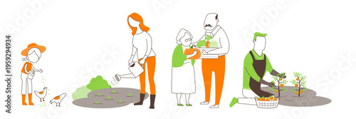 Diverse People Farming and Gardening, Set of Agricultural Workers Harvesting Vegetables and Feeding Chickens Vector