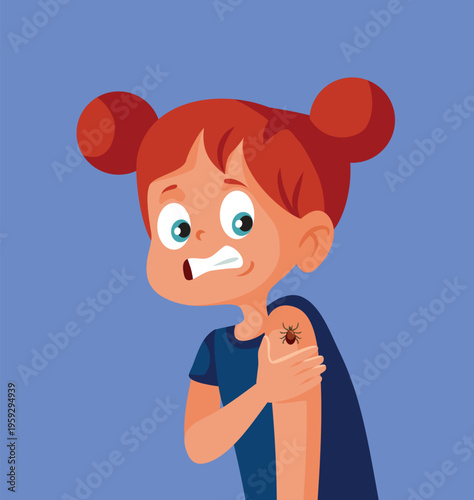 Little Girl Terrified by Tick Bite Vector Illustration. Kid having problems with a parasite that bit her