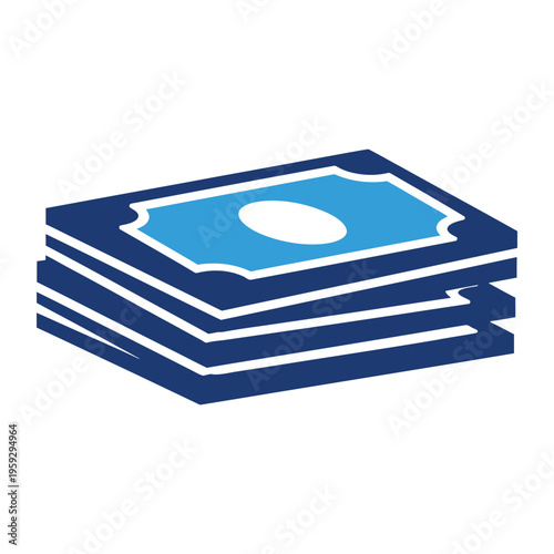 A stack of stylized blue and white banknotes represents a pile of cash or accumulating wealth in a simple graphic form.