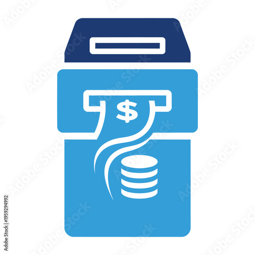 An automated teller machine displays a dollar sign receipt and dispenses a stack of coins.