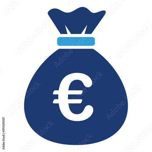 A large, dark blue money bag displays a prominent white Euro currency symbol on its front surface.