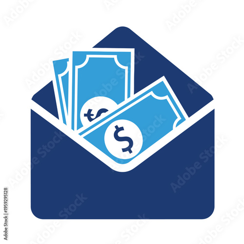 Several blue paper banknotes are emerging from the opening of a dark blue envelope.