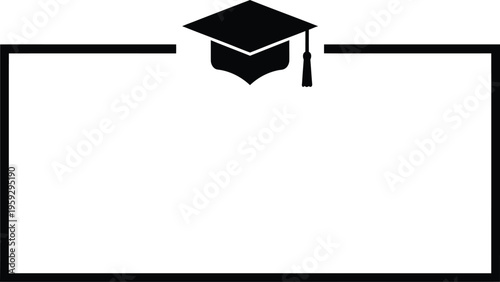 Graduation cap illustration, black mortarboard with tassel centered on horizontal rectangular frame over light gray checkered background for academic achievement and graduation design.