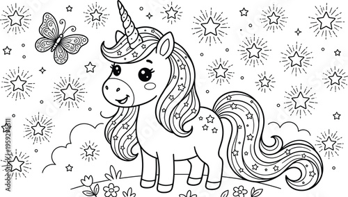 Cute unicorn coloring page for kids featuring magical stars butterfly and flowers in a whimsical fantasy landscape,