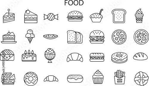 Food Icon Set with Bold Black Line Style, Illustration Cartoon Collection