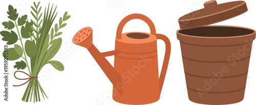 Gardening tools illustration with herbs bundle watering can compost bin eco gardening equipment nature care flat vector isolated