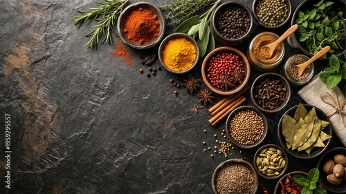 luxury spices and herbs on dark stone background